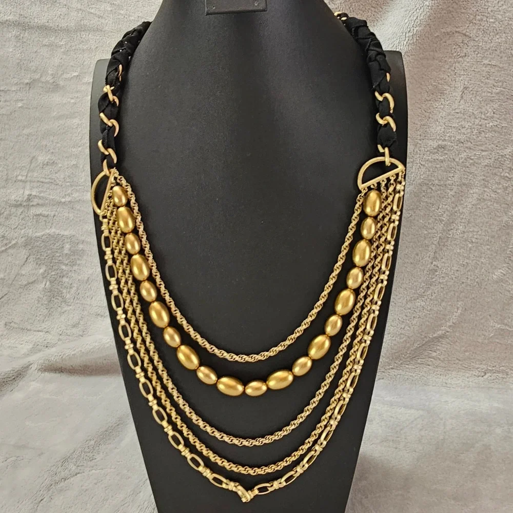 Talbots Signed Multi Strand Necklace Black Ribbon Gold Chain Draped Statement